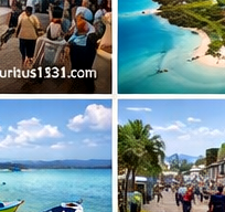 Einheimische oben link und unten rechts im Stadtbild. Dazwischen eine Luftaufnahme und ein Panorama Bild vom Belle Mare Stand