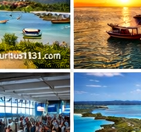 Mauritius strand oben rechts und unten links. Rechts oben Sonnenuntergang am Meer und unten links eine Markthalle